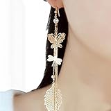 Willtoo Butterfly Dragonfly Leaf Drop Long Chain Dangle Earrings Cute Jewelry (Gold)