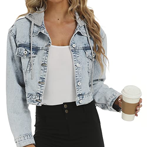 LifeShe Women Croped Denim Jacket Button Down Distressted Jean Jackets with Detachable Hood