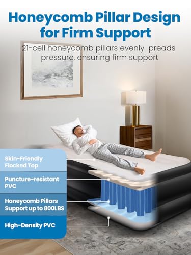 CHERIMOR Twin XL Air Mattress with Built-in Pump, 18" Raised Comfort, 80“ Length, 48Hr Leak-Proof Test, Upgraded Honeycomb Pillar Design, Supports 500 lbs, 2-Min Inflation for Home, Guests & Camping