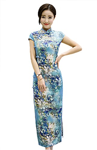 Women Silk Short Cheongsam Floral Printed Slim Qipao Evening Dress