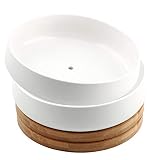 6 Inch Modern White Ceramic Round Succulent Cactus Planter Pot with Drainage Bamboo Tray,Decorative Garden Flower Holder Bowl(Pack of 2)