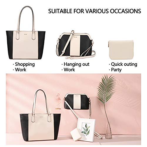 LOVEVOOK Damen Handtasche Schultertaschen 3 Stück Set Henkeltaschen Große Tasche Umhängetasche Taschen Gross Handtaschen Leder BeuteltascheGeschenk für Mutter Freundin Freund Liebhaber, Schwarz Beige
