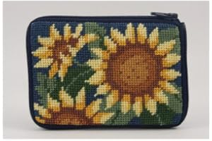 Alice Peterson Sunflower Needlepoint Coin Purse - 14-Mesh, Zipper Closure, Yellow, Unisex-Adults, Craft Enthusiasts, DIY Lovers, Floral Design Lovers