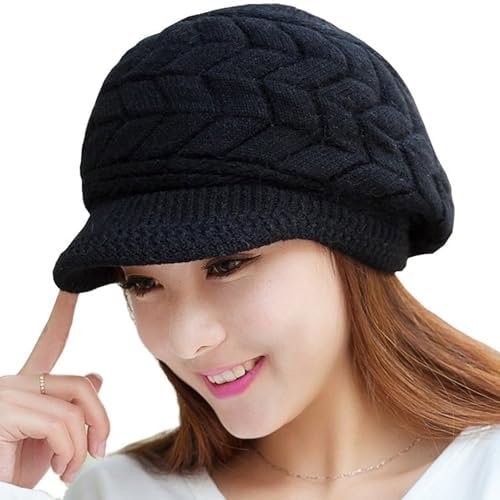 〽️Women’s _2hats(black+navy) Winter Warm Knit Wool Snow Ski Hat with Visor Knit Visor with Ear Warmers by Seeberger --> Shop Hats  main image 2