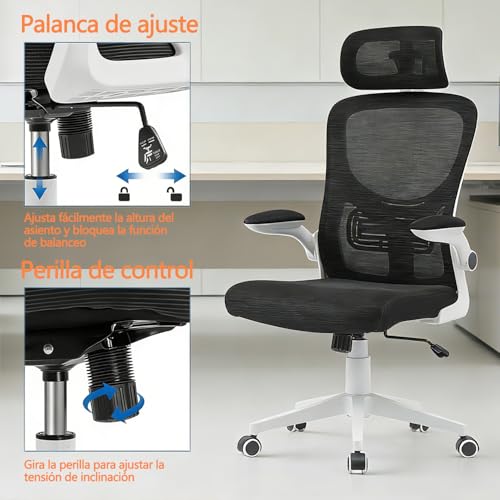 Silla de Oficina con Soporte Lumbar,Silla De Escritorio Ergonómica con Altura Ajustable,con Función de Bloqueo de Inclinación,Silla Ergonomica con Reposacabezas Ajustable,Respaldo Alto,con Ruedas