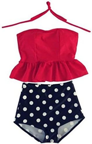 Swimsuit Viva Rose 2pcs High Waisted Stripe Figure-shaping Women's Swimwear (S (US 4-6), Red+Dot)
