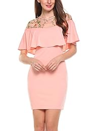 ACEVOG Casual Manga corta para mujer bordado Sheer malla floral Ruffle bodycon vestido