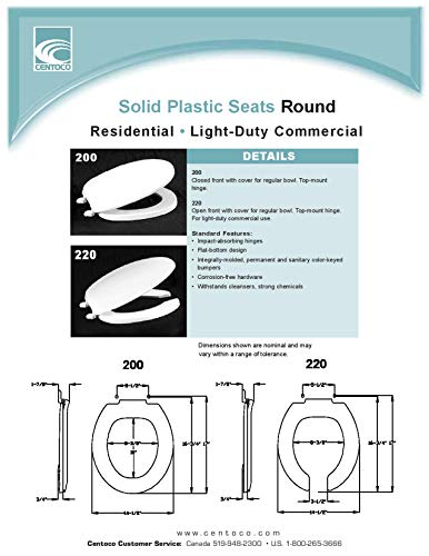 Centoco 200-407 Round Plastic Toilet Seat, Closed Front with Cover, Heavy Duty Hinge, Regular Duty Residential or Light Weight Commercial Use, Black