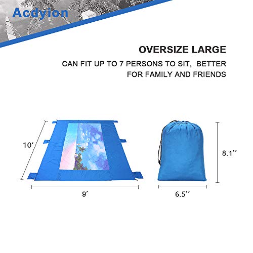 Acdyion Outdoor Sandproof Beach Blanket 9' X 10' Lightweight Oversized Waterproof Durable Beach Mat for Picnic, Travel, Camping, Hiking, Festivals Large Printing Blanket with Pockets (Sapphire Blue)