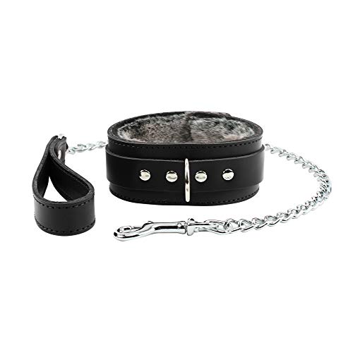 Atlas Set Ankle Wrist Cuffs Collar Chain Leash Fur Lockable Lambskin Leather (Black, Small)