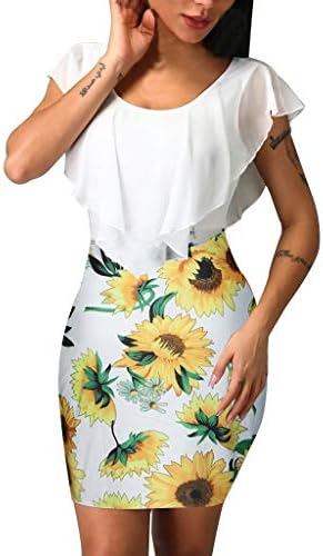 Package Hip Dress for Women Summer Ladies Floral Dress Short Sleeve Splicing Flower Printing Buttock Party Mini Dress