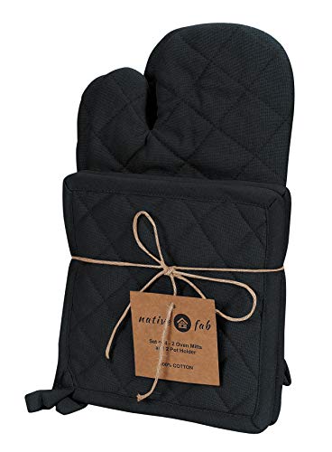 Native Fab Farmhouse Oven Mitts and Pot Holders Set of 4, Heat Resistant Non-Slip Machine Washable, 100% Cotton Kitchen Pot Holders Oven Mitts Sets Black