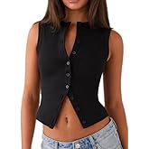 Adoeren Women Button Up Tank Vest Trendy Casual Slim Fit Sleeveless Ribbed Shirt Y2k Going Out Crewneck Tank Tops Summer