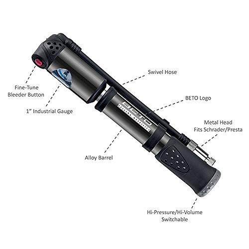 Beto 2 in 1 Shock Tire 2-Stage Mini Pump, High Pressure 300 Psi / 21 Bar for Presta, Schrader Mountain Bike Road Bicycle- Mounting Bracket Included - Thumbnail 2