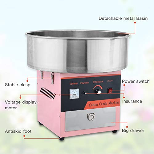 20" Commercial Electric Cotton Candy Machine Candy Floss Maker with Sugar Scoop and Big Drawer Pink