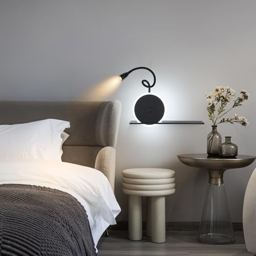 LED Bedside Reading Light, 2-Piece Wall Lamp with Switch, Reading Lamp with USB Charging Port + Type C, 3W 3000K + 9W 6000K Bed Head Lamp, Bedside Lamp for Hotel Room, Black