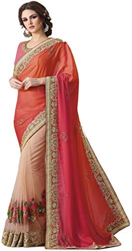 Shopaholic Enterprise Designer Orange And Cream georgette Indian Wear bollywood Saree With Unstiched Blouse
