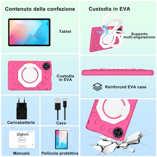 Dghrti 2026 Android 15 Tablet with EVA Silicone Protective Case, 24GB+256GB/2TB, Kids Tablet 11 Inch Octa-Core, Gemini AI/Widevine L1, 8000 mAh, 13MP+5MP, Metal Body, Large-Rose Tablet