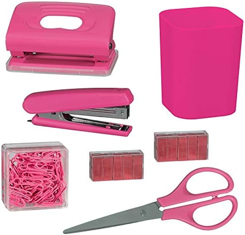 Desktop Stationery Set - Pink Complete with All The Equipment You'll Need to get Your Work Done, Including a Stapler, Staples, Scissors and More.