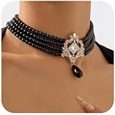 Jumwrit Dainty Layered Pearl Choker Necklace Boho Rhinestone Crown Drop Pendant Beaded Necklace Vintage Multi Strands 1920s Flapper Collar Chunky Chain Bridal Wedding Necklace for Women (Black)