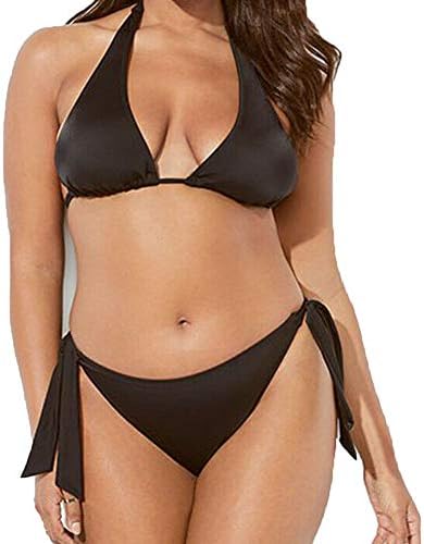FINELOOK FINELOOK Plus Size Women's Halterneck Push Up Padded Solid Stripes Two Piece Swimsuit Beach Bathing Suit