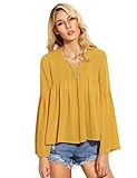 SheIn Women's Bell Sleeve V Neck Dip Hem Pleated Blouse Top Large Yellow