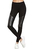 SweatyRocks Women's Faux Leather Inserted Leggings Outfit Yoga Tights Black L
