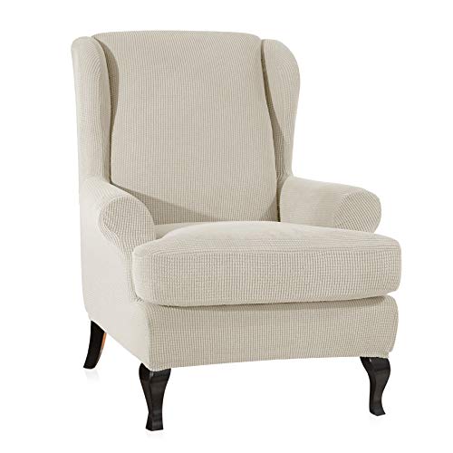 CHUN YI 2-Piece Stretch Jacquard Spandex Fabric Wing Back Wingback Armchair Chair Slipcovers (Ivory White, Wing Chair)