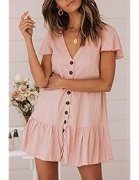 Bbalizko Mini vestidos de manga corta con botones y cuello en V para mujer