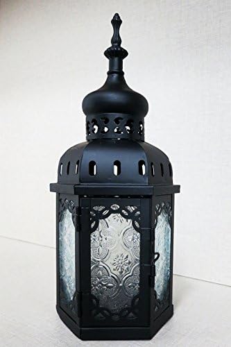 Ryocas Decorative Candle Lantern - Moroccan Style Hexagon Black Carved with Glass, 11-Inch