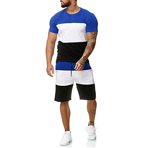 2019 Men 2 Piece Outfit Sport Set Casual Short Sleeve Summer Leisure Casual Short Thin Sets Sweatpants Baggy Blue