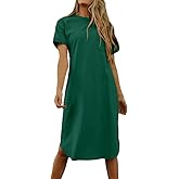 Dyexces Summer Dress for Women Crew Neck Short Sleeve Solid Basic T-Shirts Casual Midi Dresses with Pocket