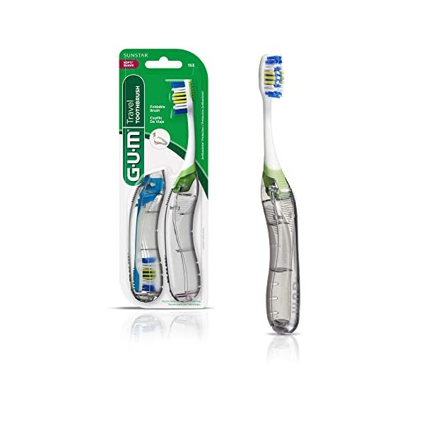 GUM Folding Travel Toothbrush, Compact Head + Tongue Cleaner, Soft Bristled Travel Toothbrushes for Adults, 2ct (Colors may vary)