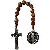 Hilufiet Catholic Wood Beads Rosary Stainless Steel Cross Saint Benedict Pendant Wooden Prayer Beads