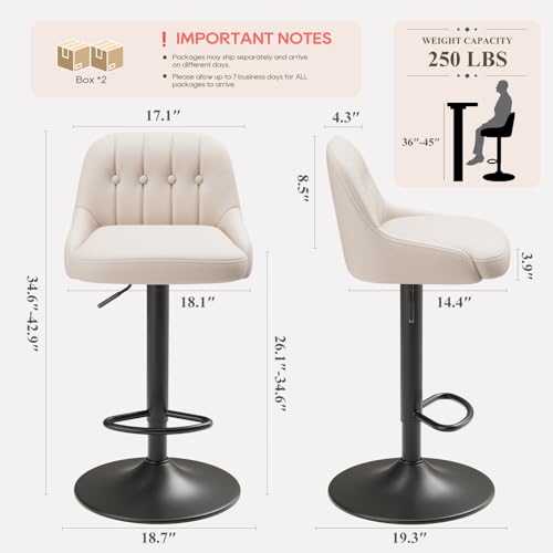 MALOL BAR STOOLS SET OF 3, SWIVEL BAR CHAIRS, MODERN ADJUSTABLE PU LEATHER UPHOLSTERED BARSTOOLS COUNTER HEIGHT WITH TUFTED BACK FOR BAR, KITCHEN COUNTER ISLAND, DINING ROOM, BEIGE