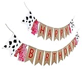 Farm Theme Birthday Banner, Burlap Barn Party Sign, Cow Print Fabric Happy Bday Banner Decorations