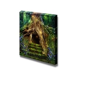 Canvas Prints Wall Art - Old Tree in The Forest with a Little House in Ists Roots | Modern Wall Decor/Home Decoration Stretched Gallery Canvas Wrap Giclee Print. Ready to Hang - 12" x 12"