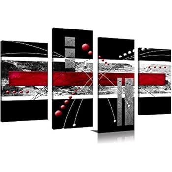 YPY Black Red Canvas Material 4 Panels Abstract Modern Artwork for Wall Decoration Ready to Hang Living Room Bedroom