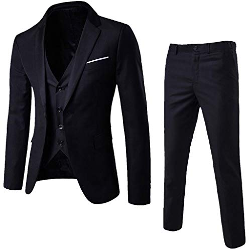 Dressin Men’s Suit Slim Fit One Button 3-Piece Suit Blazer Dress Business Wedding Party Jacket Vest & Pants Black