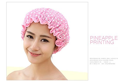 Moolecole Women Polka Dots Waterproof Shower Cap Double Layer Bathing Cap Elastic Band Spa Shower Hat Pink