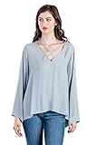 Lush Graceful Ways Soft Blue Lace Up Neckline Bouse Long Sleeve Top Small
