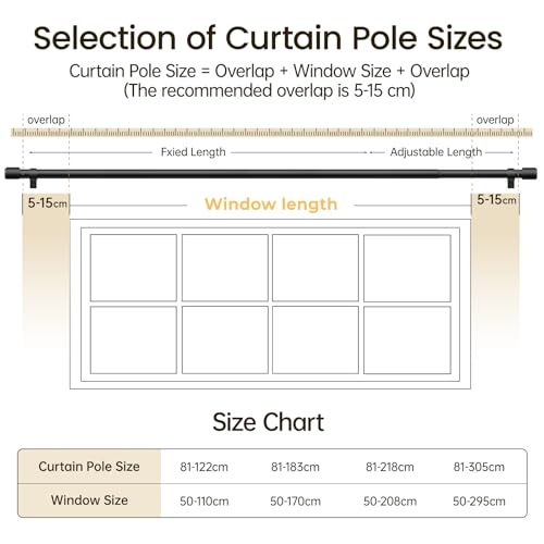 DEFYNEE Curtain Rod 81-218 cm Matt Black, Diameter 25 mm, Metal Rod for Eyelet Curtains, Extendible Ideal for Bedrooms, Living Rooms & French Doors