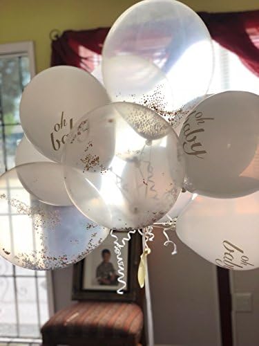 Baby Shower Decorations/Gender Reveal Party/Neutral Boy or Girl decor (Oh Baby) Strung Banner/9PC Balloons w/Gold Ribbon Ties [ White, Gold, Confetti ] Corner Hanging Flag set