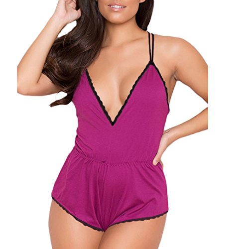 Women-Halter-Satin-Lingerie-Bodysuit-One-Piece-Lace-Babydoll-Short-Jumpsuit-Pajamas-Hot-Pink-M
