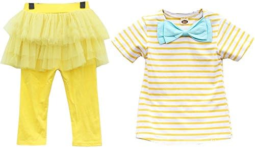Top Shop US Girls Striped T-shirt Lace Divided Skirt Outfit, Two Pieces, Yellow, 100