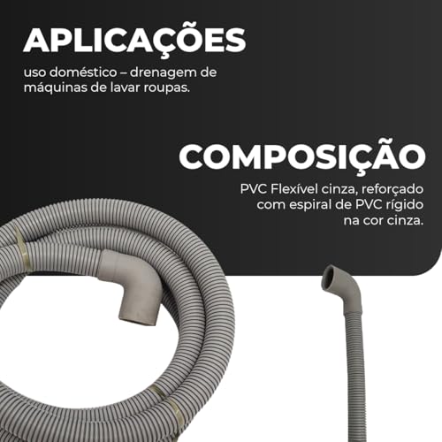 Mangueira de Saída Máquina de Lavar 3 Metros com Suporte – Compatível Brastemp Electrolux Consul Tanquinho – Mangueira Lavadora Reforçada Bocal Curvo 28mm
