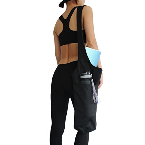 Yoga Mat Bag by Okela, Long Strap Yoga Mat Tote Sling Carrier with Side Pocket & Zipper Pocket, Fits Most Size Mats (Black)