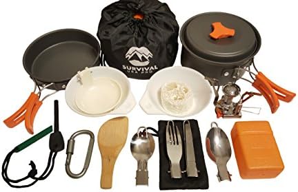 17Pcs Camping Cookware Mess Kit Backpacking Gear &amp; Hiking Outdoor Bug Out Bag Cooking Equipment - Lightweight Compact Durable Non-Stick Pot Pan Bowls Cookset, Burner, Free Folding Spork, Nylon Bag