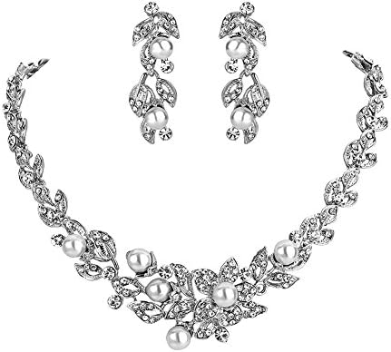 MINIZY Women’s Simulated Pearl Rhinestone Flower Vine Leaf Necklace Earrings Set for Party Wedding