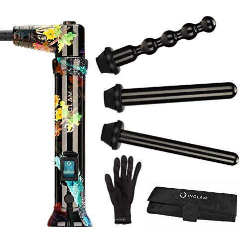 InGlam 3 in 1 Curl Barrel Curling Kit | Diamond Ceramic Interchangeable Curling Iron | Beachy Waves Wand | Incl Pouch, Heat Resistant Glove | Dual Voltage 120V & 220V-InGlam Hair Tools (Flower Power)
